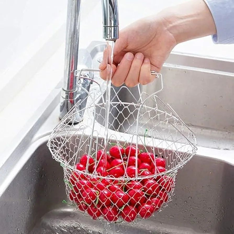 Stainless Steel Foldable Frying Basket - Collapsible Kitchen Chef Basket