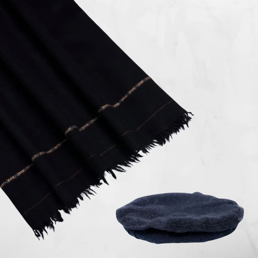Premium Black Men's Shawl And Chitrali Cap Set - Apparel Accessory Designed For Traditional Styling And Daily Wardrobe Routine - Black